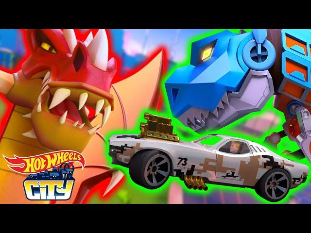 Hot Wheels City Ultimate T-Rex Transporter Takes On Red Dragon!  - Cartoons for Kids | Hot Wheels