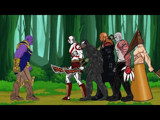 Avenger Thanos vs God Of War Kratos, Nemesis, Tyrant, Venom, Pyramid Head - Drawing Cartoon 2