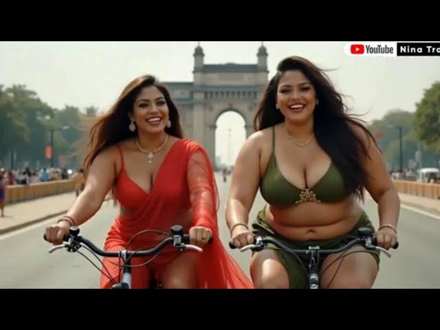 [4k] Hot Indian girls,Ai lookbook Cute Indian Women riding bicycle in Delhi, ai art,Model Saree