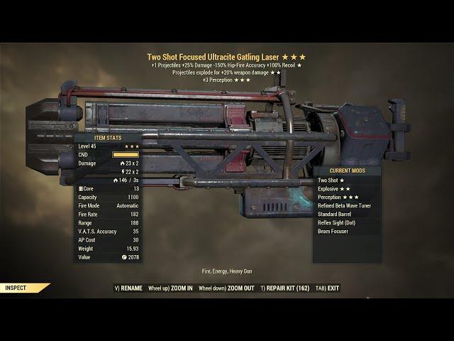 Fallout 76: Two Shot Explosive Ultracite Gatling Laser.