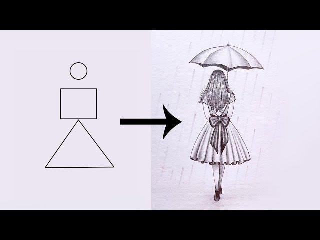 Easy Pencil sketch - step by step || How to draw a girl walking in the rain with an umbrella