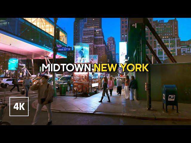 Beautiful New York, Manhattan at Night - Walking Tour 4K