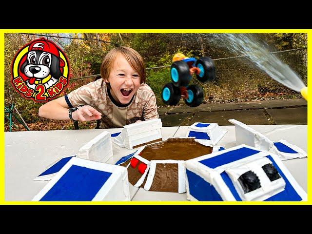 KIDS PLAY-ALONG | BUILD WITH CALEB A MONSTER TRUCK WATER ARENA OBSTACLE COURSE