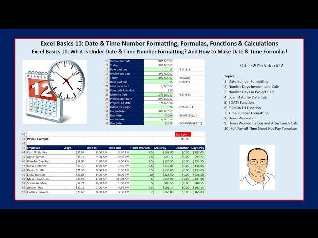 Excel Basics 10: Date & Time Number Formatting, Formulas, Functions & Calculations