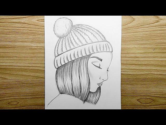 Girl in a winter hat - pencil sketch | Yulka's Drawings