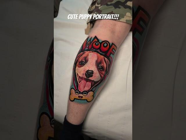 Cute puppy portrait leg tattoo! #tattoo #petportrait #legtattoo #dog #dogtattoo #tattoo