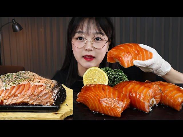 ASMR | SUB | GIANT SALMON SUSHI, SALMON STEAK | COOKING & MUKBANG | EATING SOUNDS