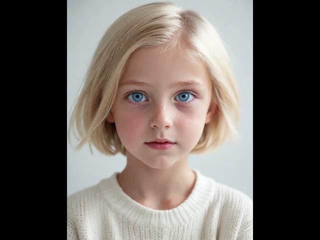 AI Prompt: A young Caucasian girl with short blonde hair and blue eyes, wearing a white sweater