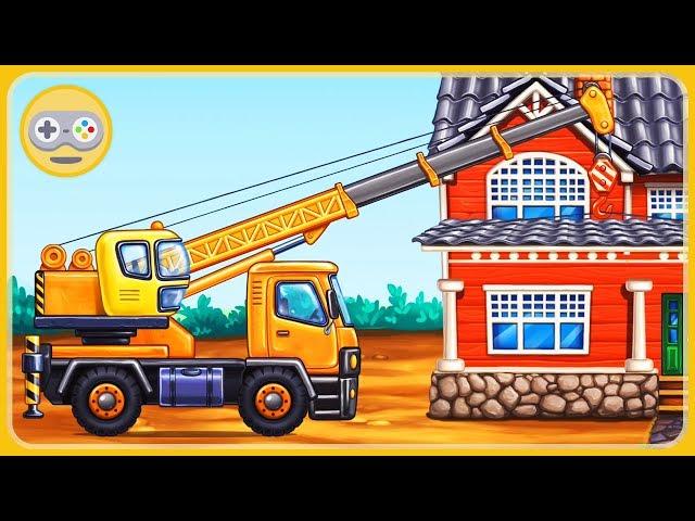 Cartoon game about cars for children - Construction equipment builds a house