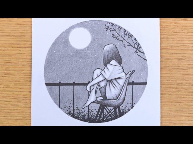 How to draw a girl in moonlight night drawing || circle drawing scenery