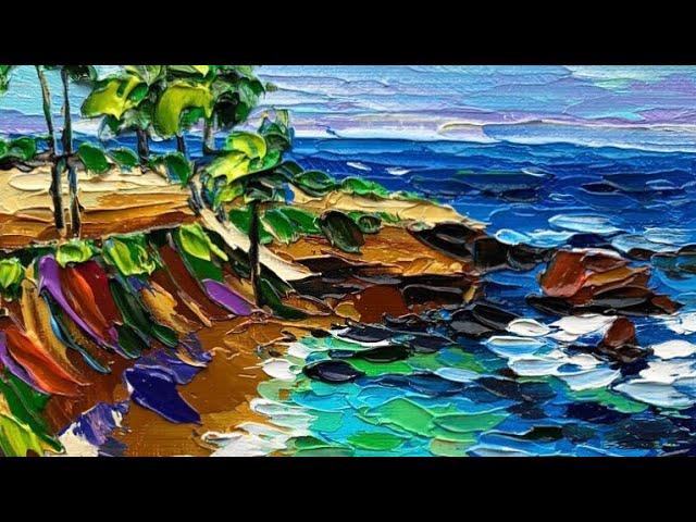 California beach painting tutorial | La Jolla Cove palette knife art ️