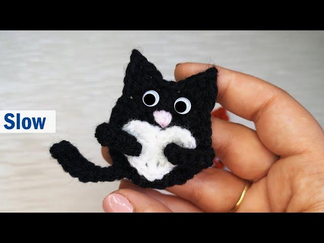 Crochet Cat with Heart Pocket Hug / How to crochet a cat applique easy pattern for beginners