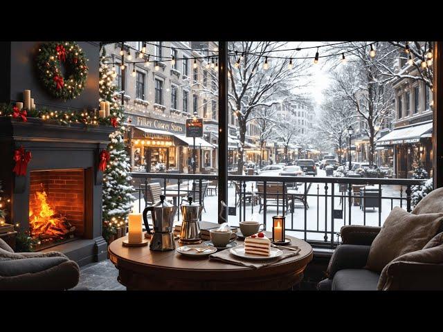 Cozy Warm Christmas Coffee Shop Ambience ️ Smooth Christmas Jazz Music & Fireplace Sounds to Relax