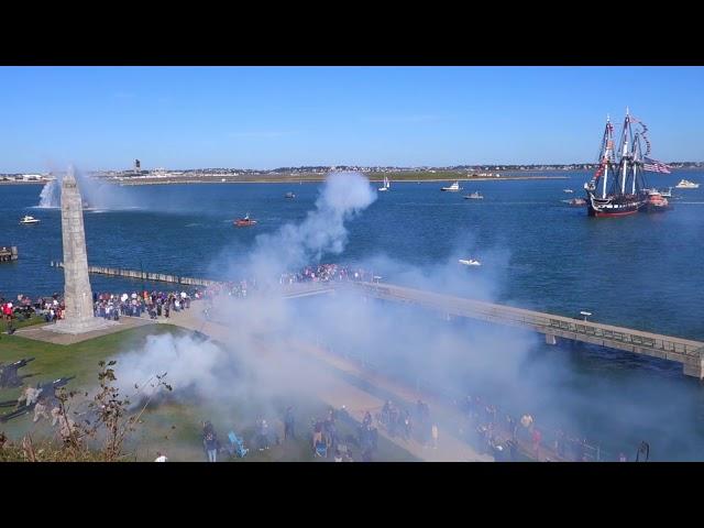 USS Constitution and Fort Independence exchange 21 Gun Salutes.