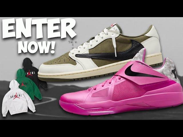 ENTER NOW Travis Scott Jordan 1 Medium Olives Supreme x Jordan & Aunt Pearl KD 4 Pushed Back!