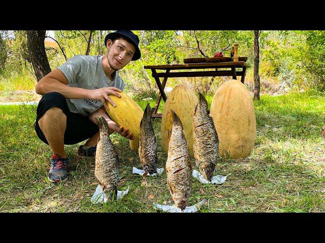 MELON BUCKET FISH  Fish Cooked Inside the Bucket & Melon  CAMPFIRE COOKING Recipe