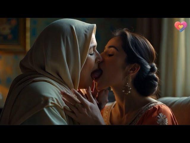 Older Arab Woman and Young Indian Woman Share a Lesbian Kiss