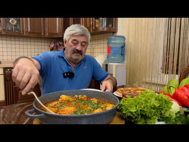 This is the most delicious village dinner made from home-cooked chicken - Georgian chakhokhbili.