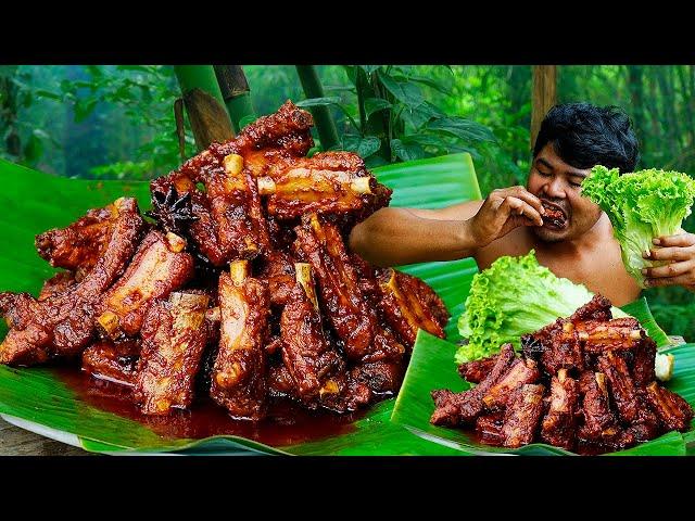 Pork Ribs Honey Recipe | Fried Braise Pork Ribs Honey Cooking In Forest