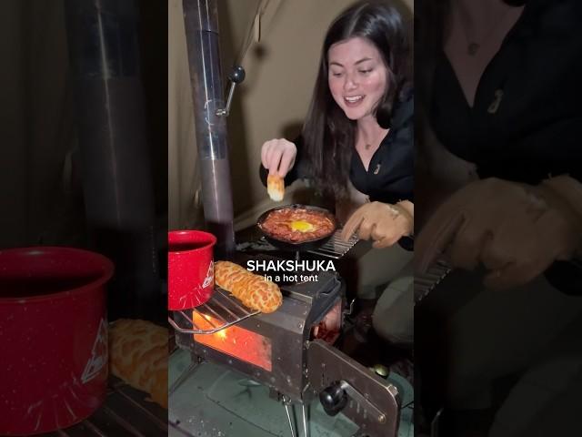 Solo winter camping hot tent meal: shakshuka
