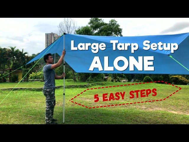 Setup Large Flysheet Tarp Alone without Trees (5 Easy Steps)