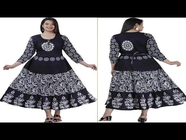 MATRIKA FASHION Womens' Multicolor Jaipuri Rajasthani Printed Cotton Maxi Frock Long Kurti Black&Whi