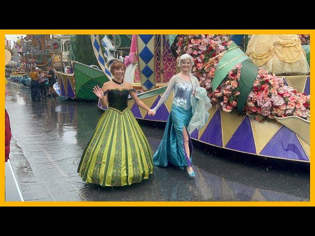 Full Festival Of Fantasy Parade In The Rain Characters Being Escorted Off After Floats Broke Down