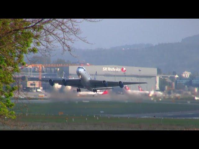 Stars Away Douglas DC-8  ZS-OSI loud and low take off runway 34 at ZRH (with live ATC)