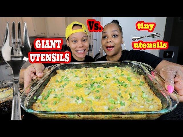 CHEESY ENCHILADAS MUKBANG | GIANT UTENSILS VS. TINY UTENSILS CHALLENGE!!