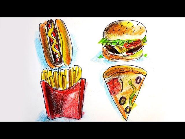 Как нарисовать ХОТ ДОГ, БУРГЕР, ПИЦЦУ, КАРТОШКУ / вредный урок рисования для детей