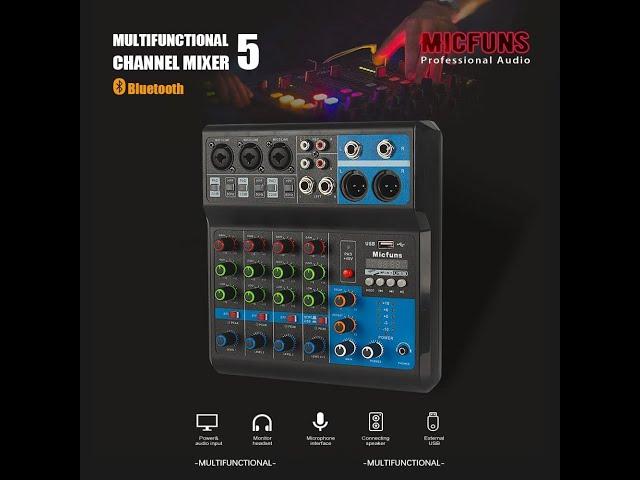 Mini Audio DJ Mixer Soundboard Console System, 5 Channel 48V Phantom Power with Bluetooth USB MP3