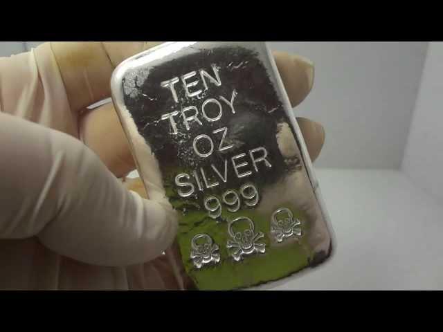 10 troy oz silver hand poured bullion bar .999 fine by Atlantis Mint