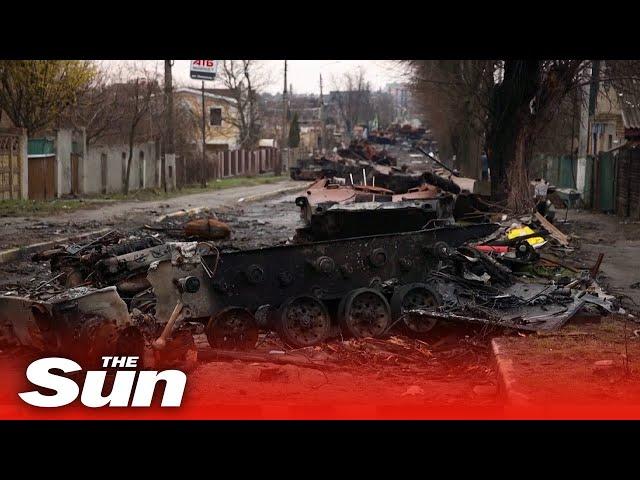 Streets of war-torn Bucha are littered with destroyed Russian tanks