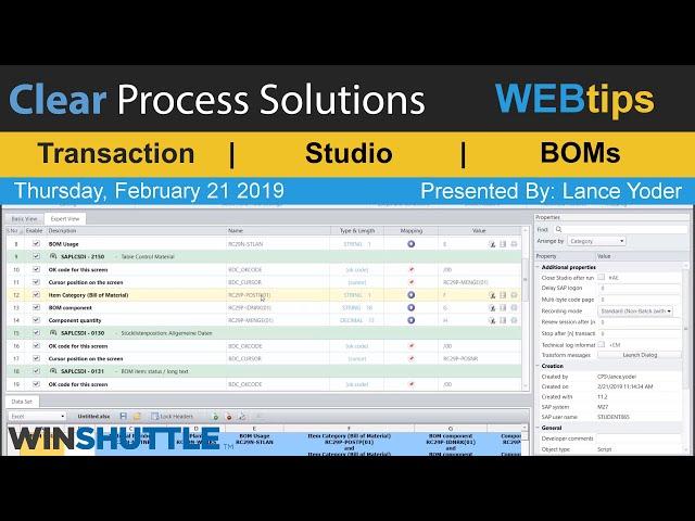 WINSHUTTLE Tutorial and WEBTips: Recording CS01–Bill of Material (BOM) in Studio