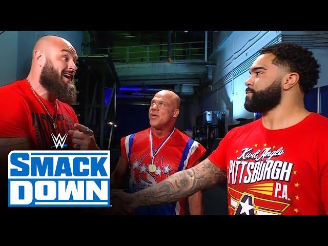 Kurt Angle and Gable Steveson make the rounds of the SmackDown locker room: SmackDown, Dec. 9, 2022