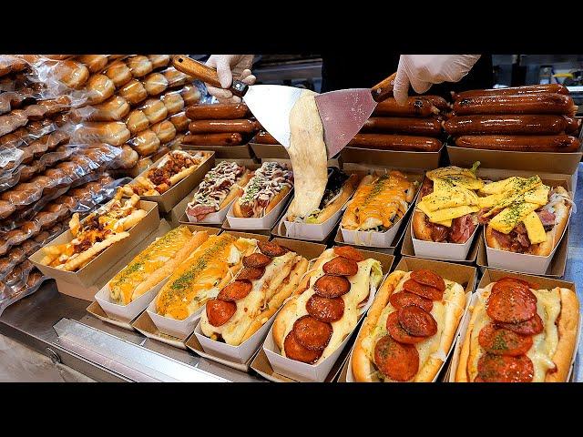 american style pizza hotdog, cheese hotdog / korean street food