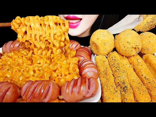 ASMR CHEESY CARBO FIRE NOODLE, MOZZARELLA CHEESE STICKS EATING SOUNDS MUKBANG