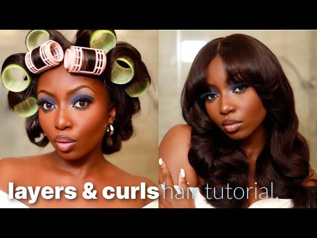 How To Get Voluminous Curls With A Curling Iron | Curtain Bang Wig With Layers & Curls Hair Tutorial