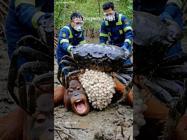 Orangutan Struggles with Giant Crab on Back Until Rescuers Arrive #animalrescue #wildlife