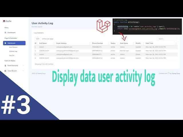 Display data user activity log form DB Laravel 8.X | Dashboard V13