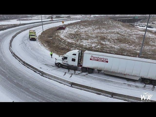 Cars and Trucks sliding on icy roads - Memphis - 2024 - Massive Southern Winter Storm - 4k