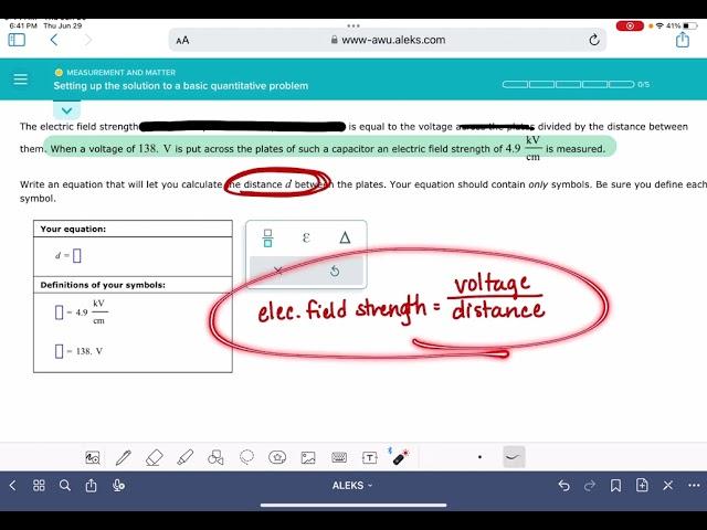 ALEKS: Setting up the solution to a basic quantitative problem