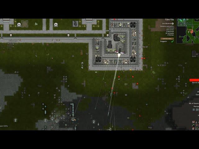 Rimworld defeating massive mechanoid raid with turret complex