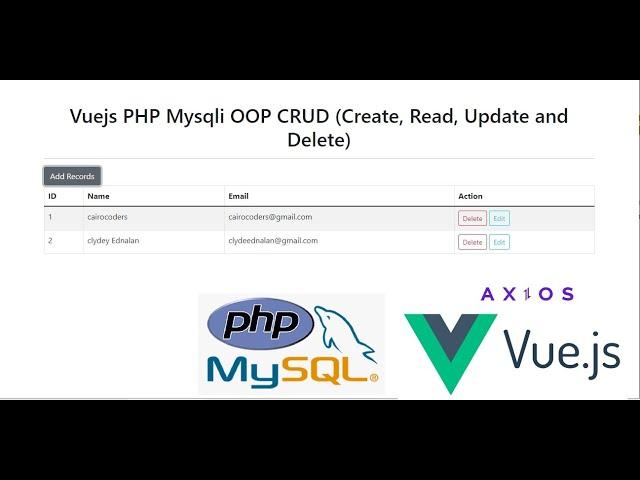 Vuejs PHP Mysqli OOP CRUD (Create, Read, Update and Delete)