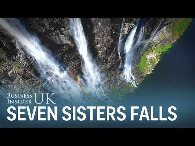 Beautiful drone footage captures Norway's 250-metre high Seven Sisters waterfall