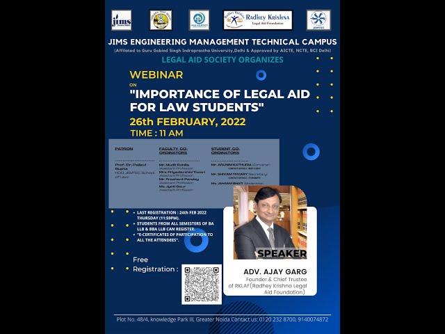 Webinar on "Importance of Legal Aid for Law Students" by SC Adv. Ajay Garg