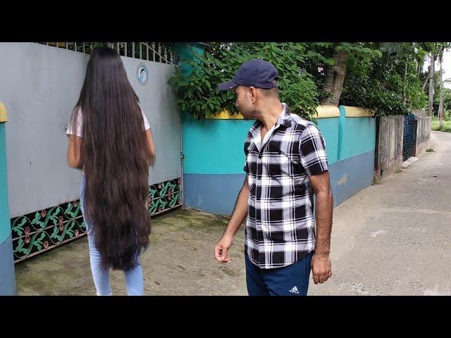 After many attempts I touched her long hair || hair Play || long hair braid