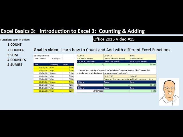 Excel Basics 3: Count & Add with COUNT, COUNTA, SUM, COUNTIFS, SUMIFS Functions (Intro Excel #3)