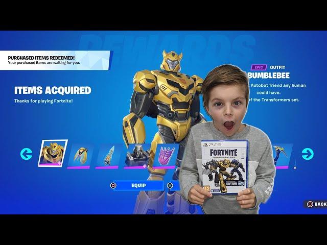 Surprising My 10 Year Old Kid Giving Him NEW Fortnite TRANSFORMERS Skin Pack With Free V-Bucks 1000