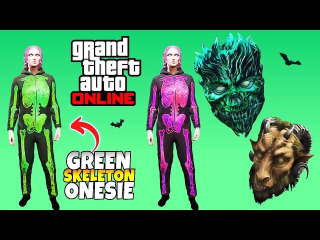 GTA 5 Online How to Unlock Green & Purple Glow Skeleton Onesie Outfit & Green Flaming Skull Mask